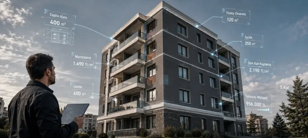 Bir uzmanın apartman cephesine bakarak mantolama fiyatlarını ve uygulama kalemlerini hesapladığı gerçekçi dış cephe görseli